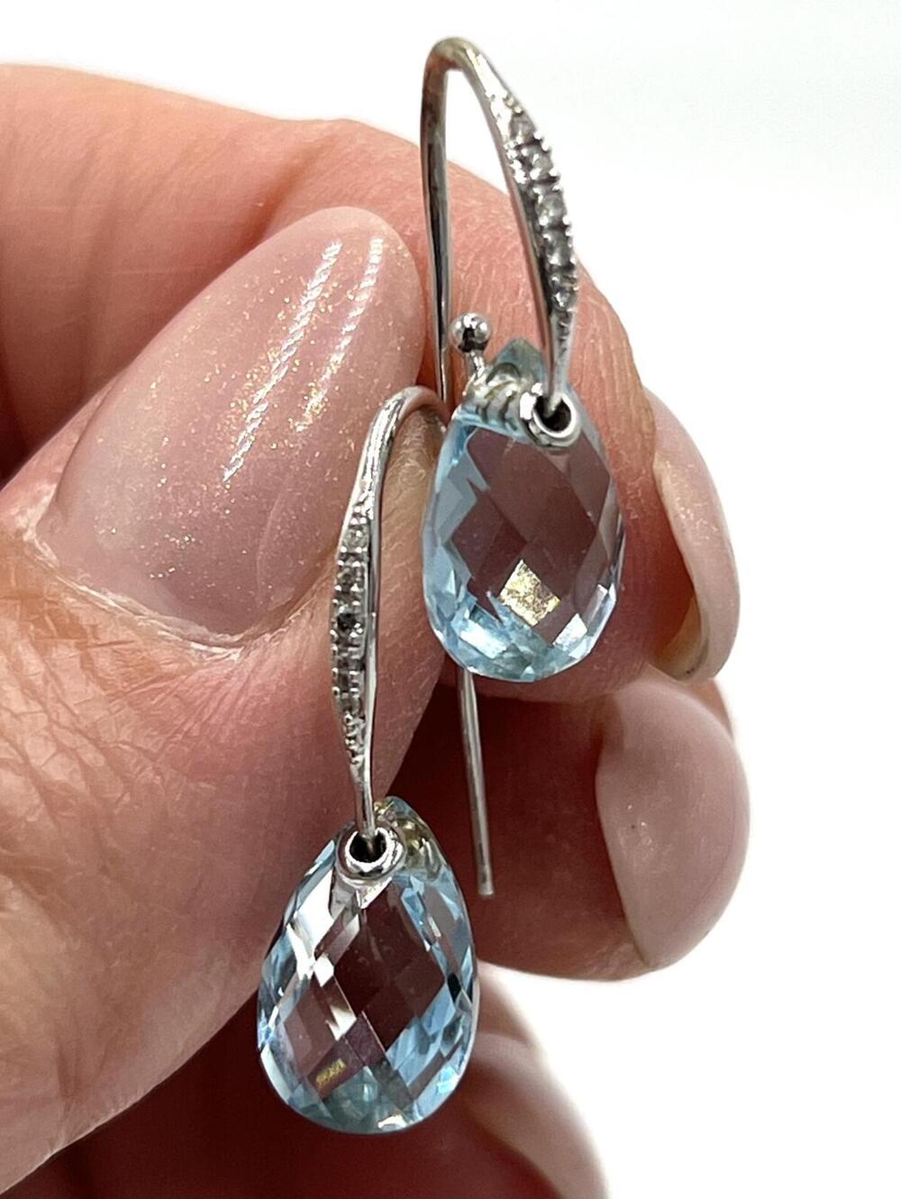 14K White Gold Faceted Topaz Diamond Teardrop Earrings